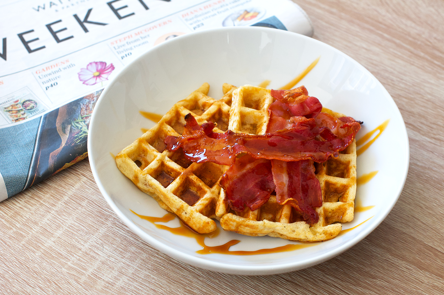 Recipe for breakfast waffles with bacon and syrup