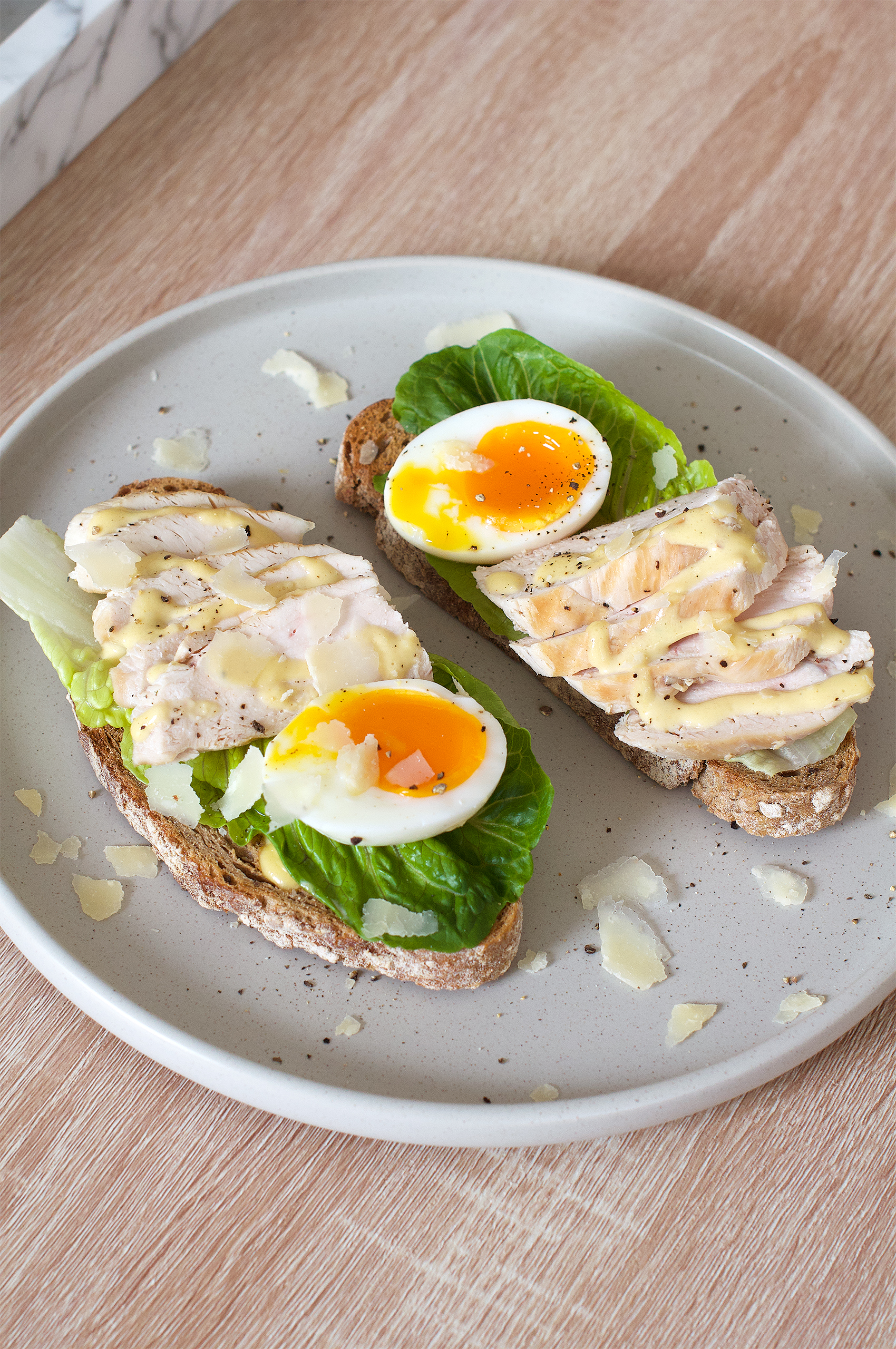 Chicken Caesar salad and dressing with egg on toast recipe
